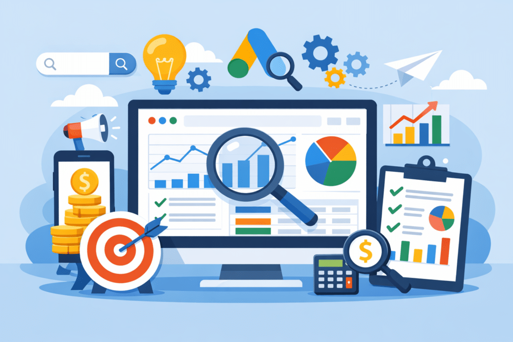 Audit Google Ads - illustration flat design optimisation campagnes publicitaires