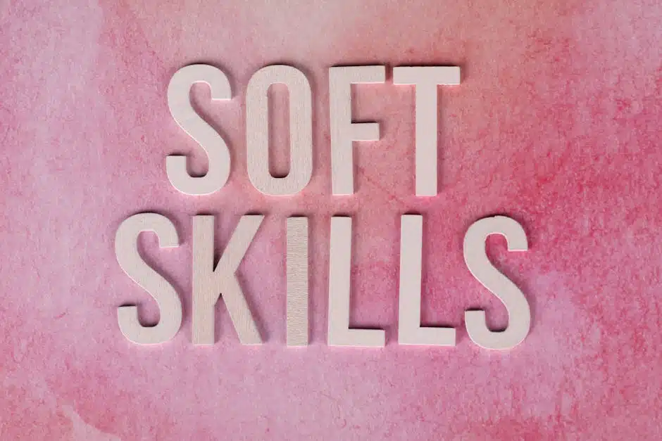 Text 'Soft Skills' on a pink watercolor background for educational and business themes.