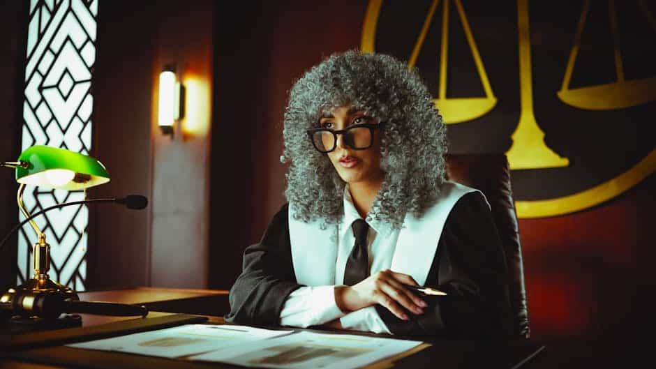 Une juge dans une salle d'audience, assise à son bureau avec la balance de la justice en arrière-plan.