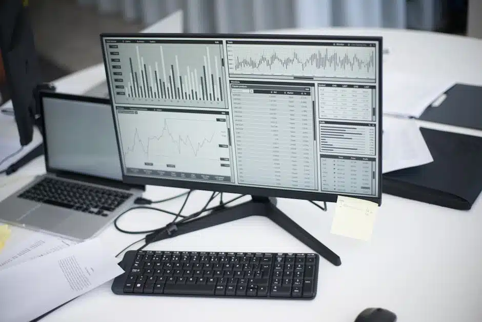 Espace de travail professionnel avec ordinateurs et graphiques d'analyse à l'écran, symbolisant l'environnement moderne de l'entreprise.