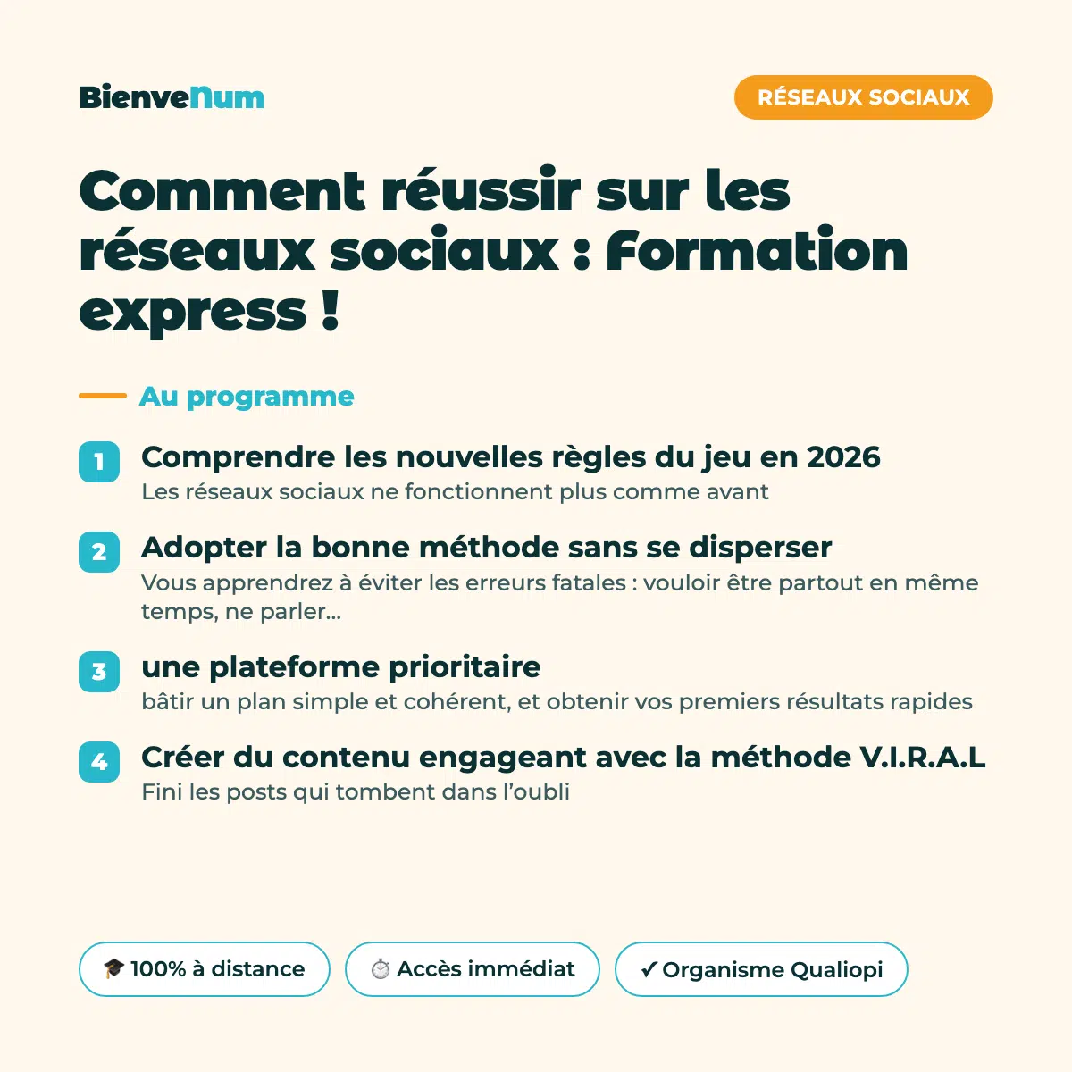 Programme de la Comment réussir sur les réseaux sociaux : Formation express ! — formation en ligne BienveNum