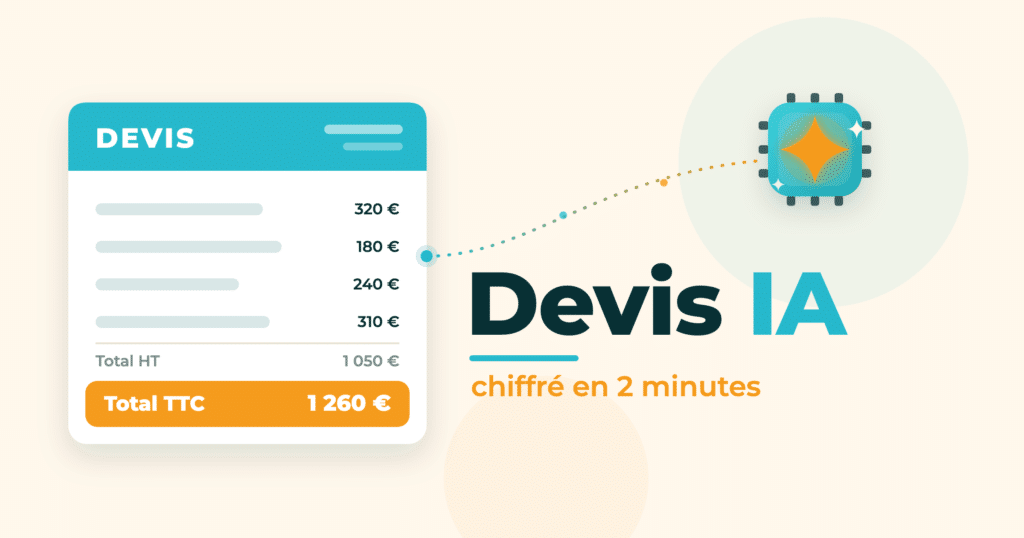 Illustration devis IA : document de devis chiffre relie a une puce IA