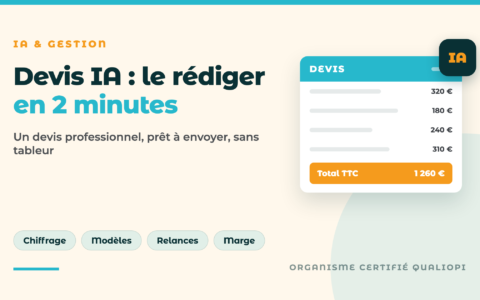 Illustration devis IA : document de devis chiffre relie a une puce IA