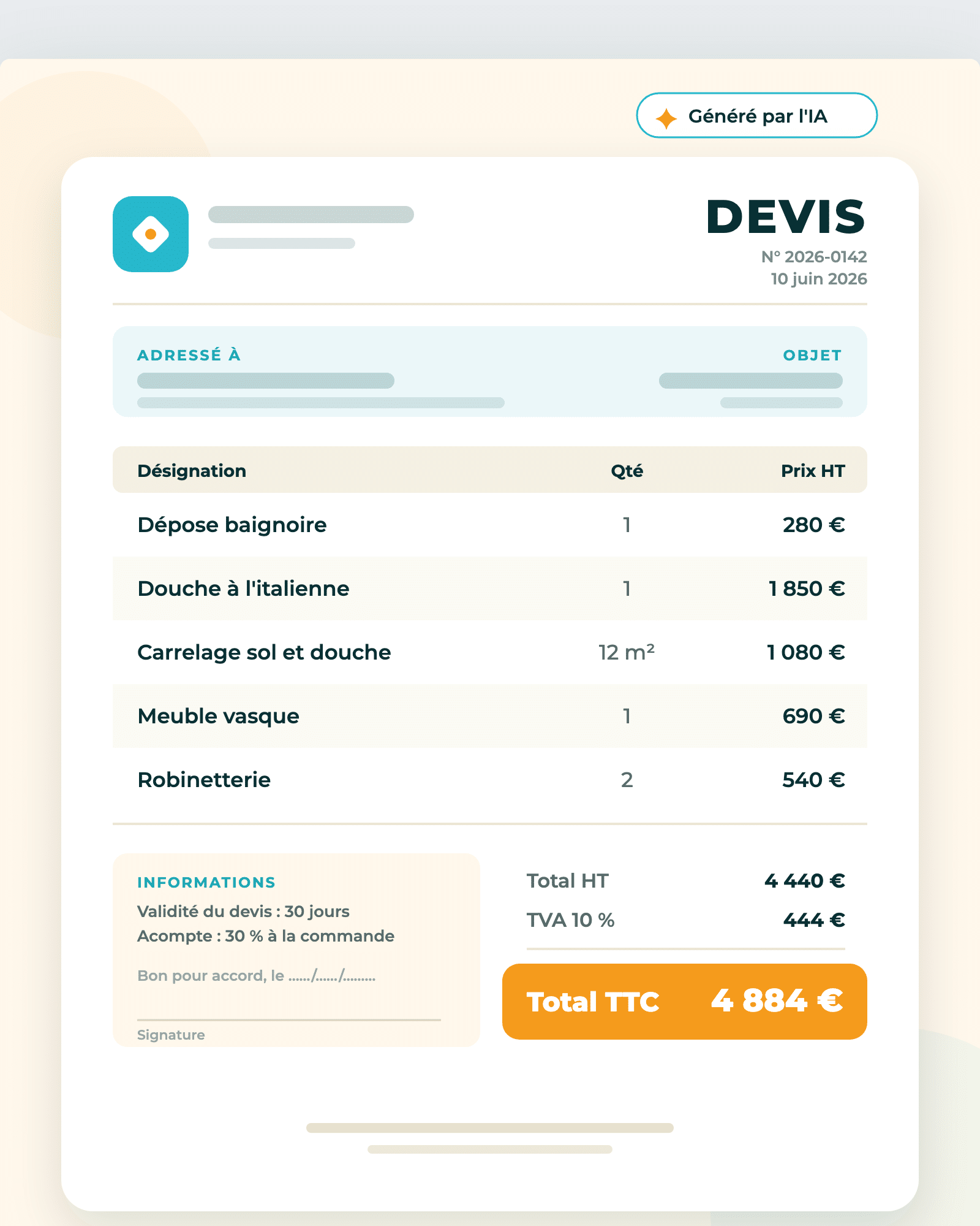 Exemple de devis genere par l IA pour une renovation de salle de bain, total TTC 4884 euros