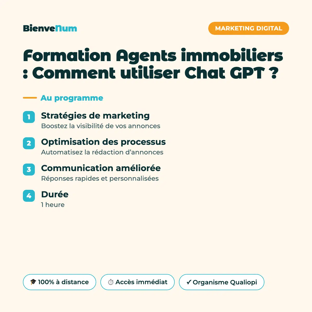 Programme de la Formation Agents immobiliers : Comment utiliser Chat GPT ? — formation en ligne BienveNum