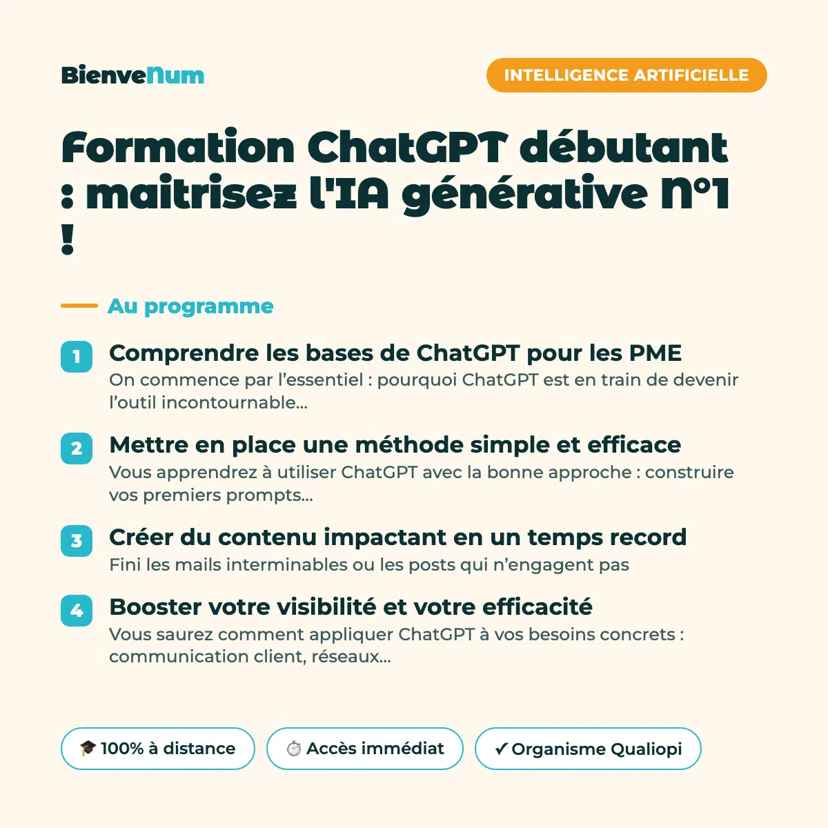 Programme de la Formation ChatGPT débutant : maitrisez l'IA générative N°1 ! — formation en ligne BienveNum