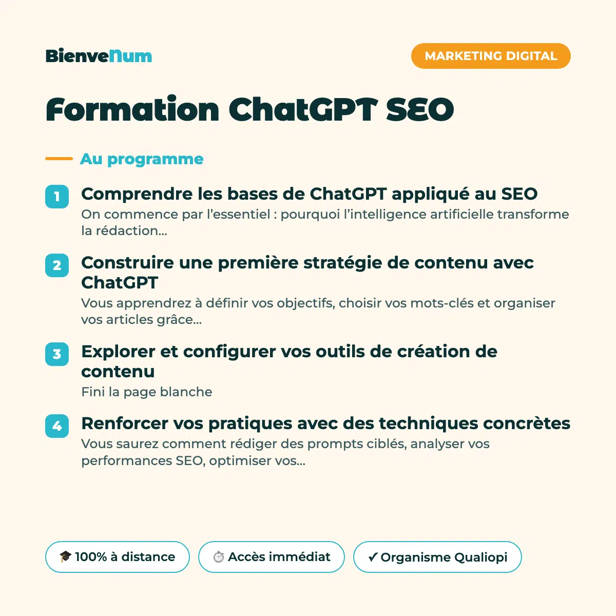 Programme de la Formation ChatGPT SEO — formation en ligne BienveNum