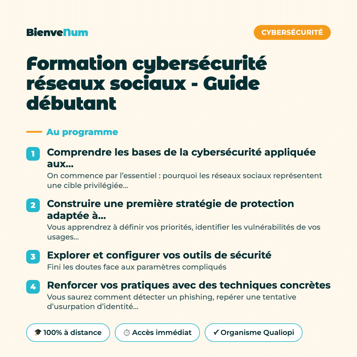 Programme de la Formation cybersécurité réseaux sociaux - Guide débutant — formation en ligne BienveNum