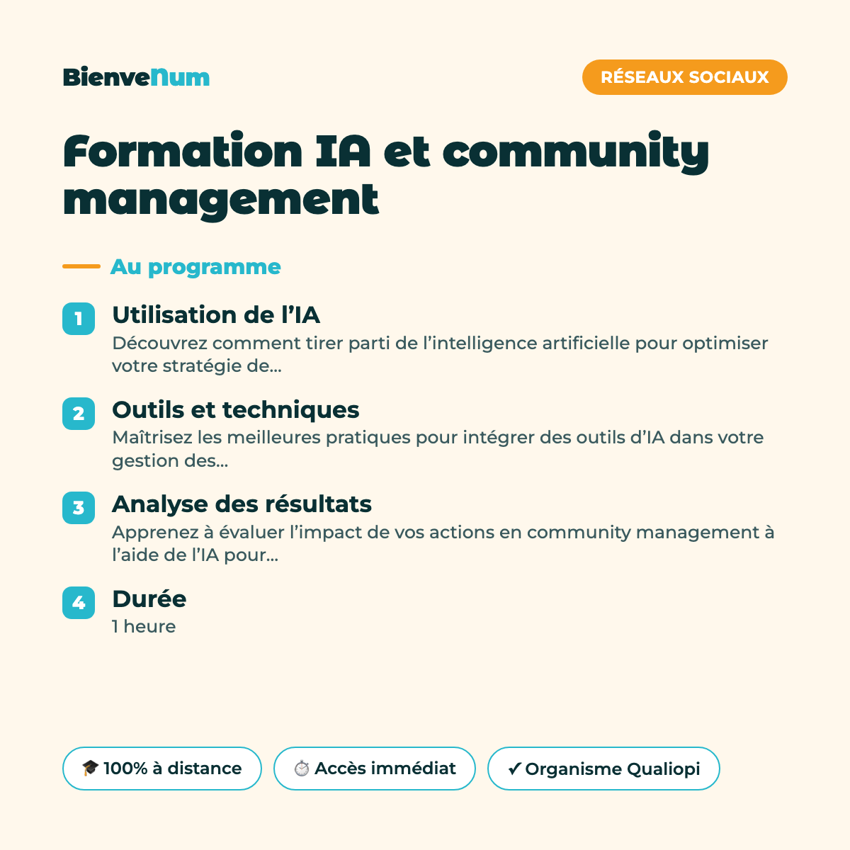 Programme de la Formation IA et community management — formation en ligne BienveNum