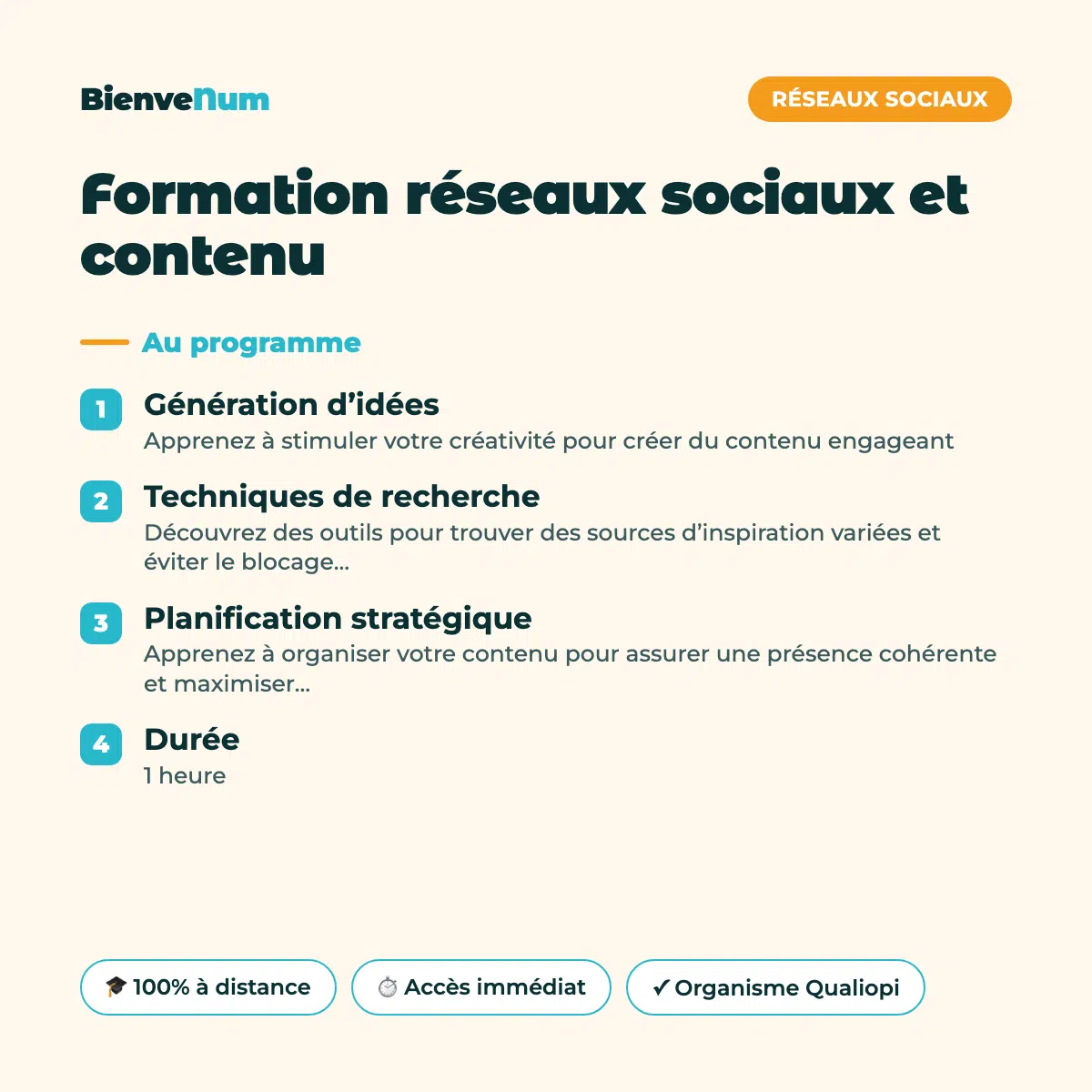 Programme de la Formation réseaux sociaux et contenu — formation en ligne BienveNum