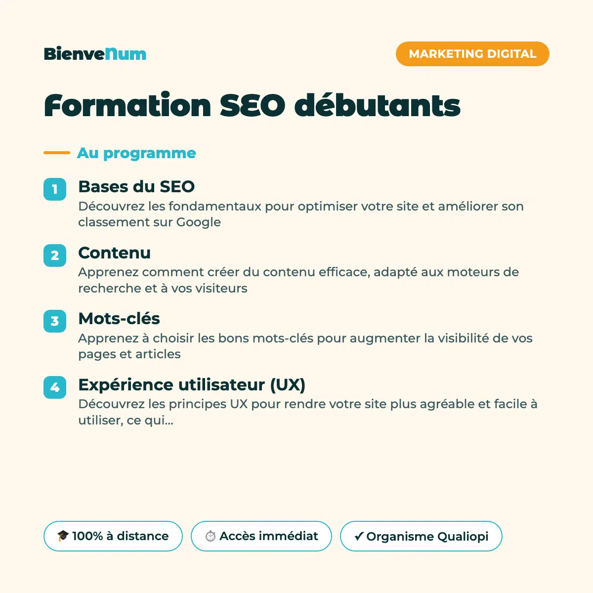 Programme de la Formation SEO débutants — formation en ligne BienveNum