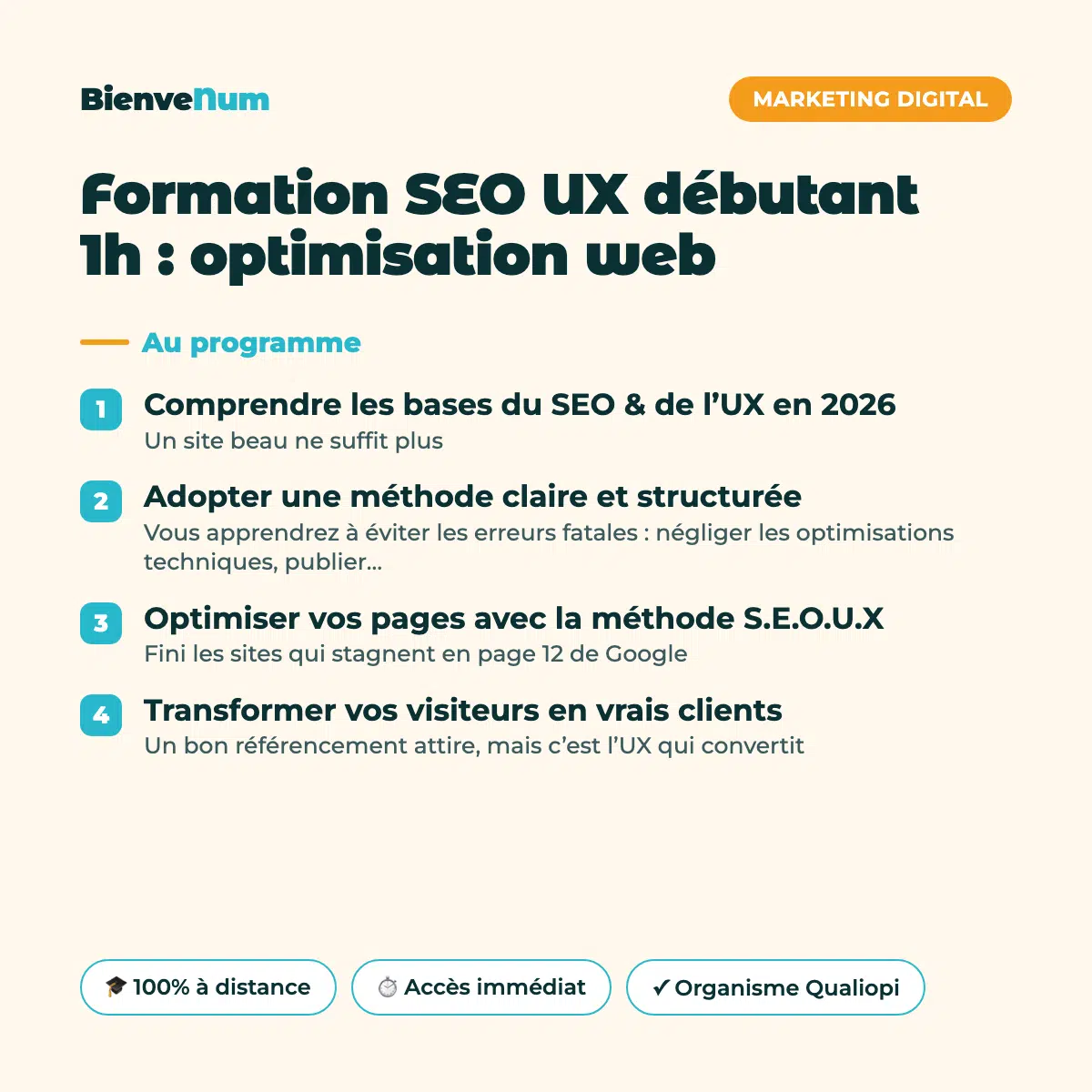 Programme de la Formation SEO UX débutant 1h : optimisation web — formation en ligne BienveNum