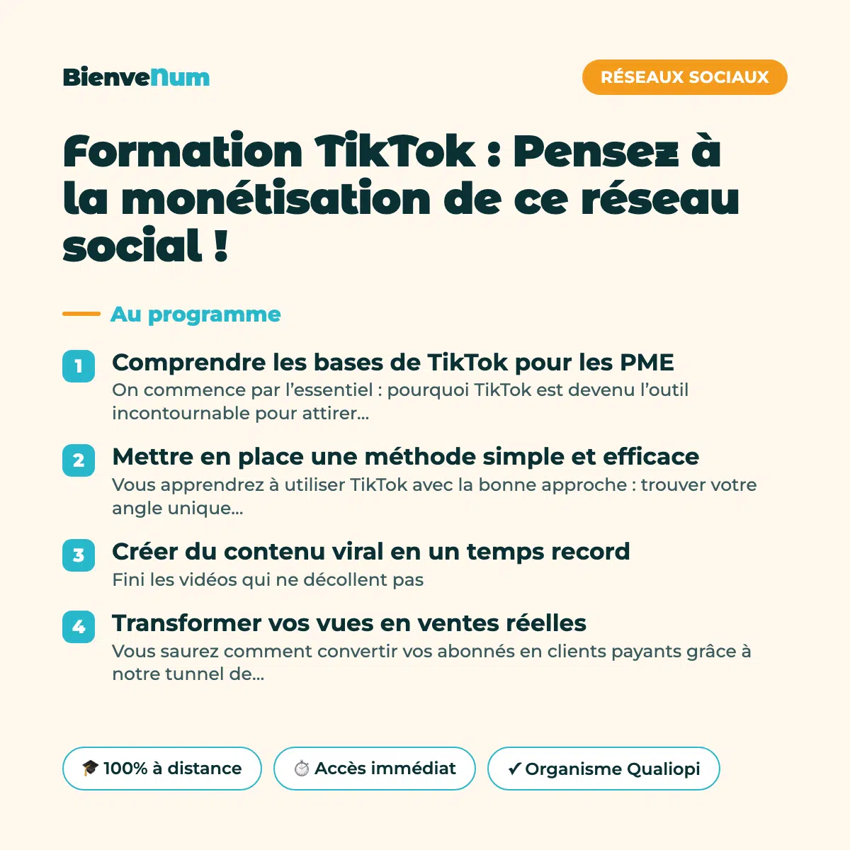 Programme de la Formation TikTok : Pensez à la monétisation de ce réseau social ! — formation en ligne BienveNum