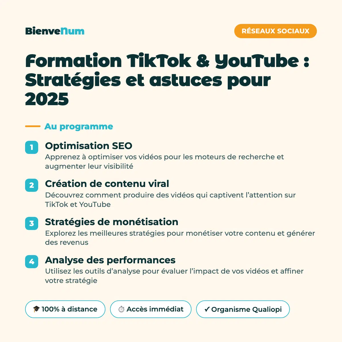 Programme de la Formation TikTok & YouTube : Stratégies et astuces pour 2025 — formation en ligne BienveNum