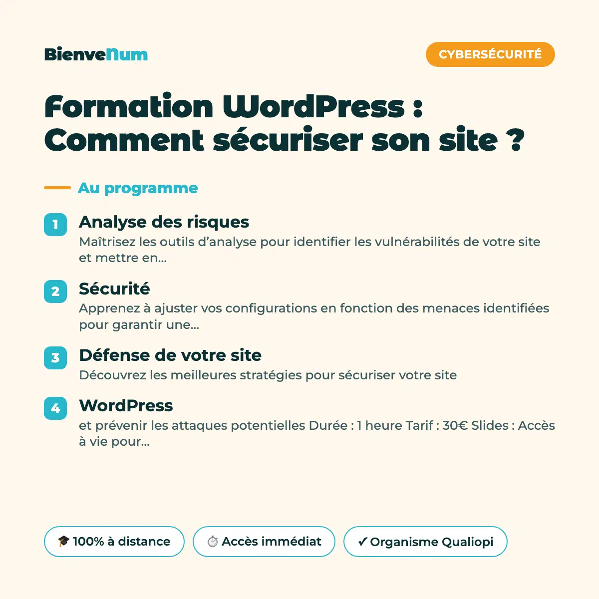 Programme de la Formation WordPress : Comment sécuriser son site ? — formation en ligne BienveNum