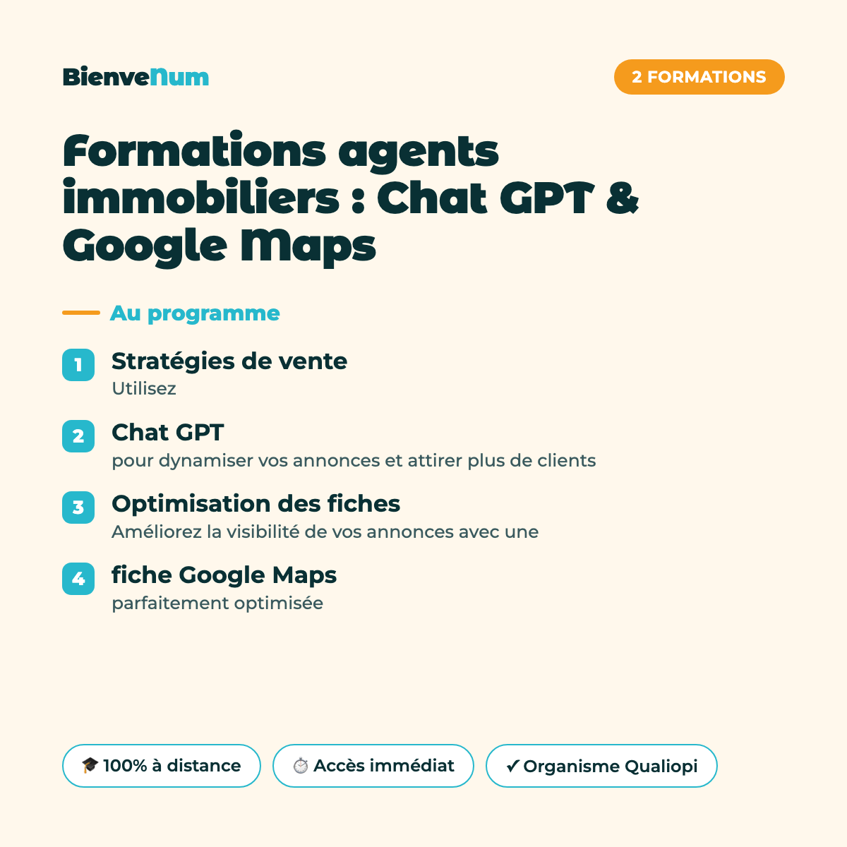 Programme de la Formations agents immobiliers : Chat GPT & Google Maps — formation en ligne BienveNum
