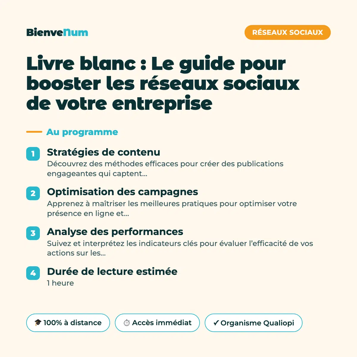 Programme de la Livre blanc : Le guide pour booster les réseaux sociaux de votre entreprise — formation en ligne BienveNum