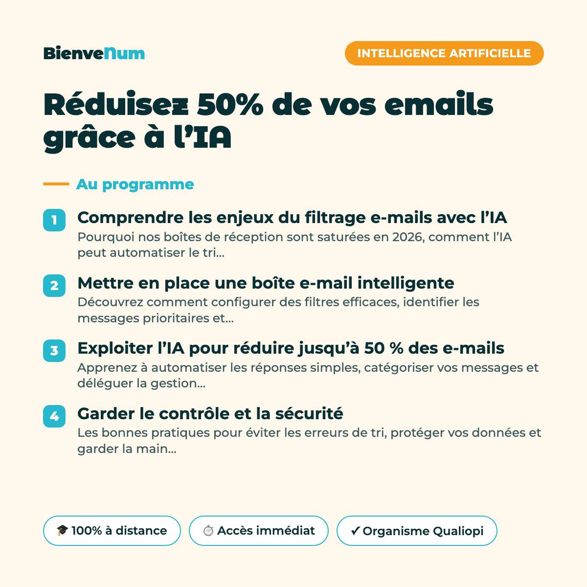 Programme de la Réduisez 50% de vos emails grâce à l’IA — formation en ligne BienveNum