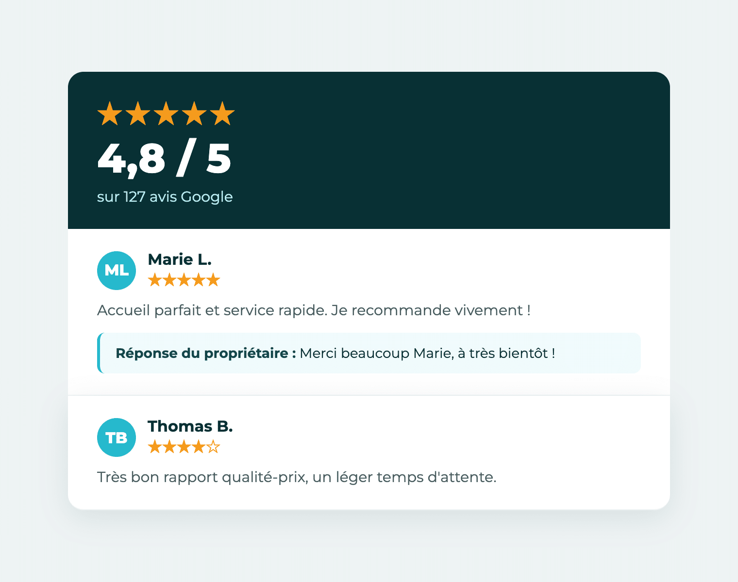 Exemple d'avis clients sur une fiche Google avec réponse du propriétaire