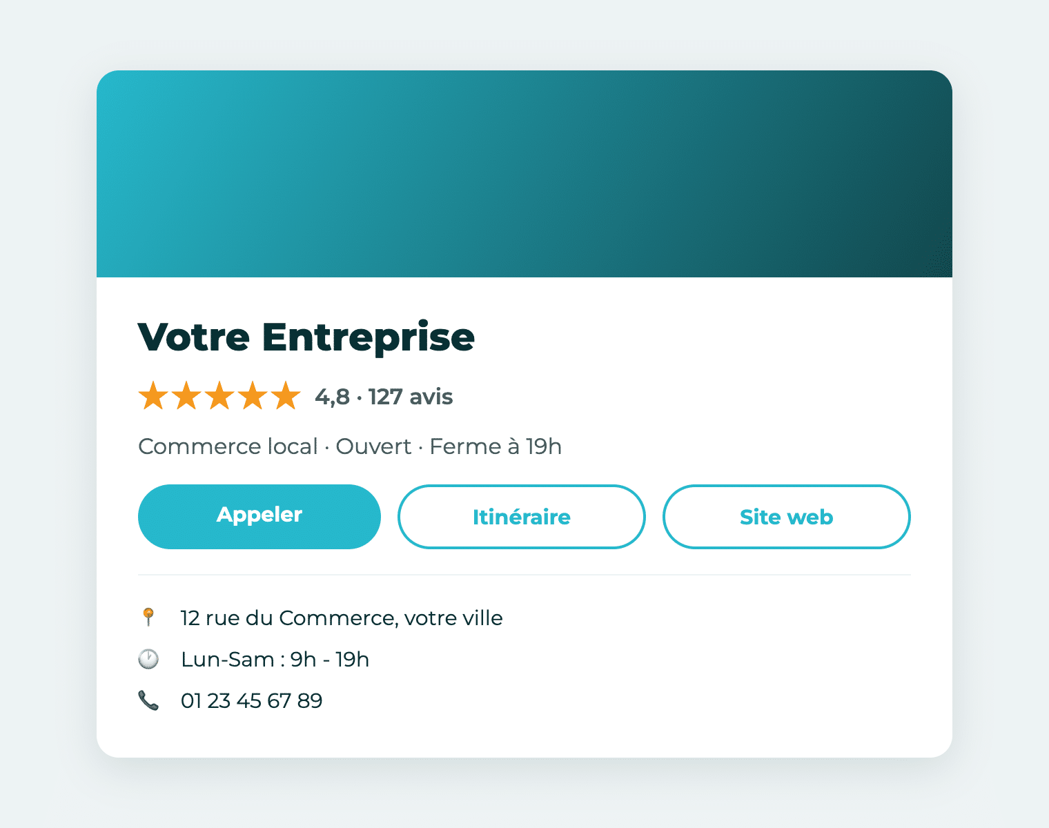 Exemple de fiche Google Business Profile avec note et boutons