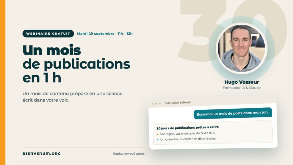 Webinaire BienveNum Hugo Vasseur sur écrire un mois de publications, mardi 29 septembre à 11h