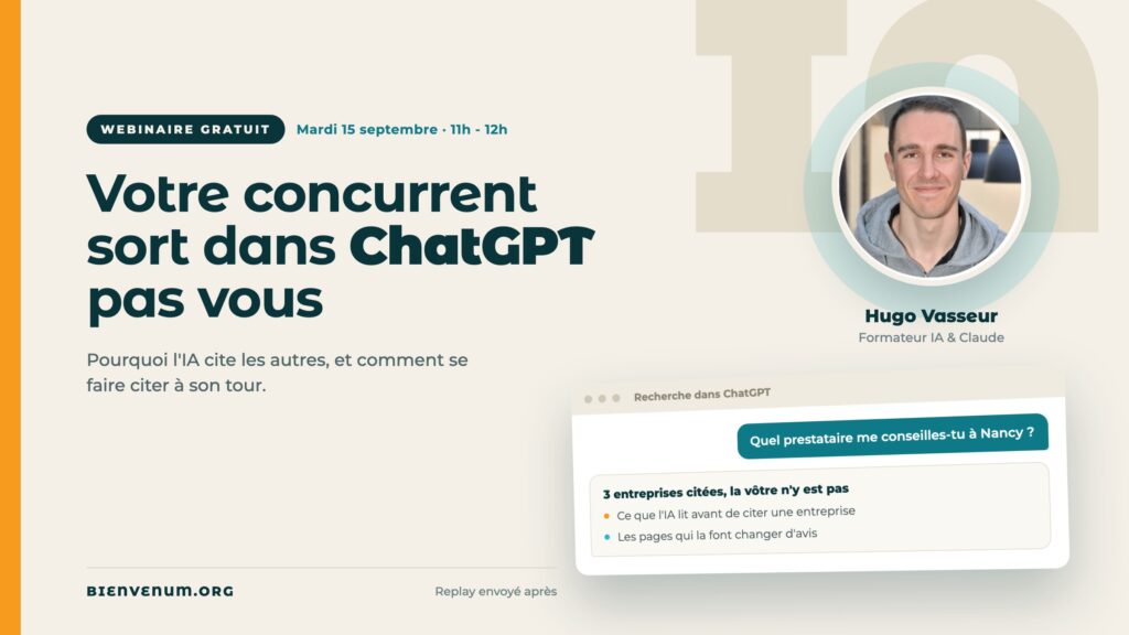 Webinaire BienveNum Hugo Vasseur sur le référencement dans ChatGPT, mardi 15 septembre à 11h