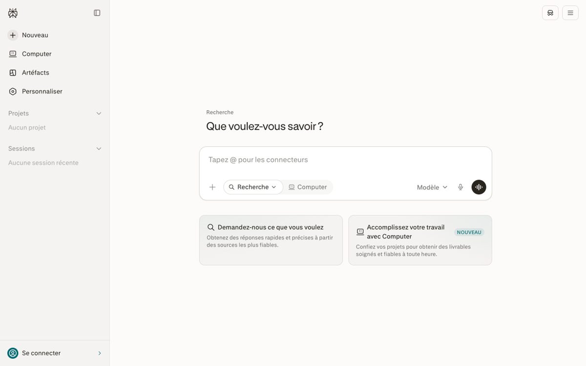 Page d'accueil de Perplexity, le moteur de recherche IA