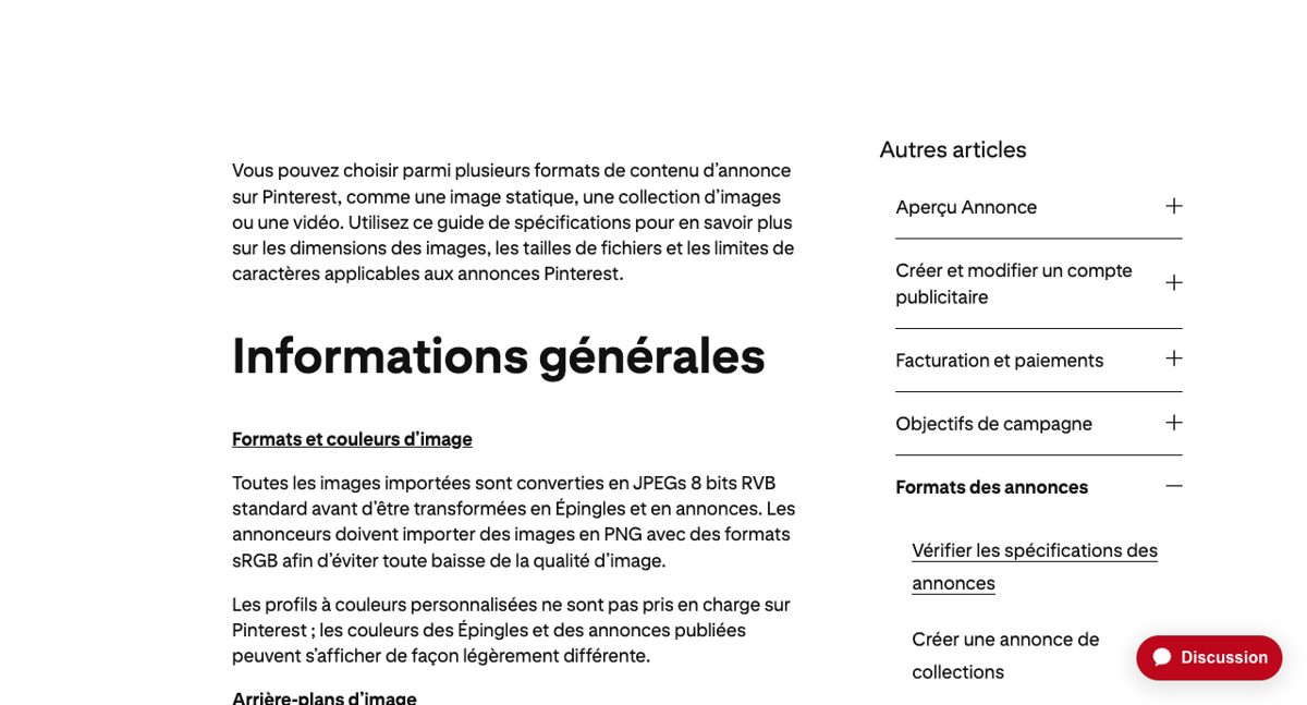 Tableau des formats d’image recommandés par Pinterest