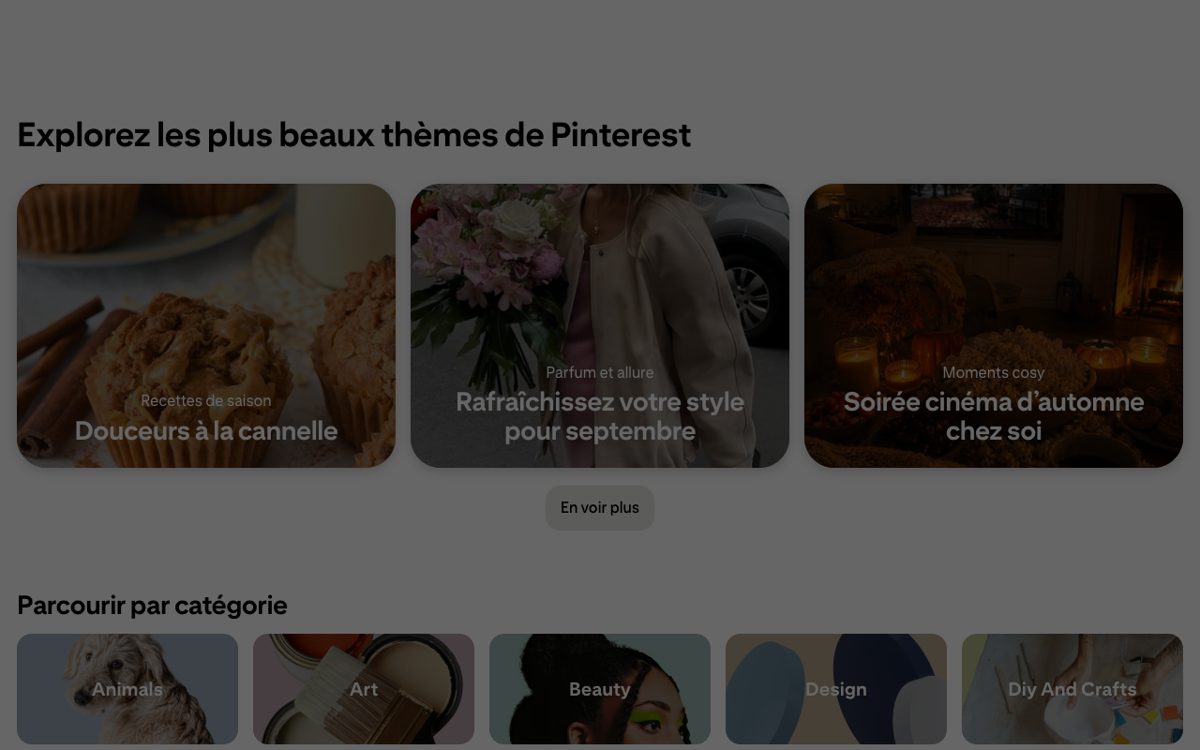 Page Idées de Pinterest avec une grille d’épingles