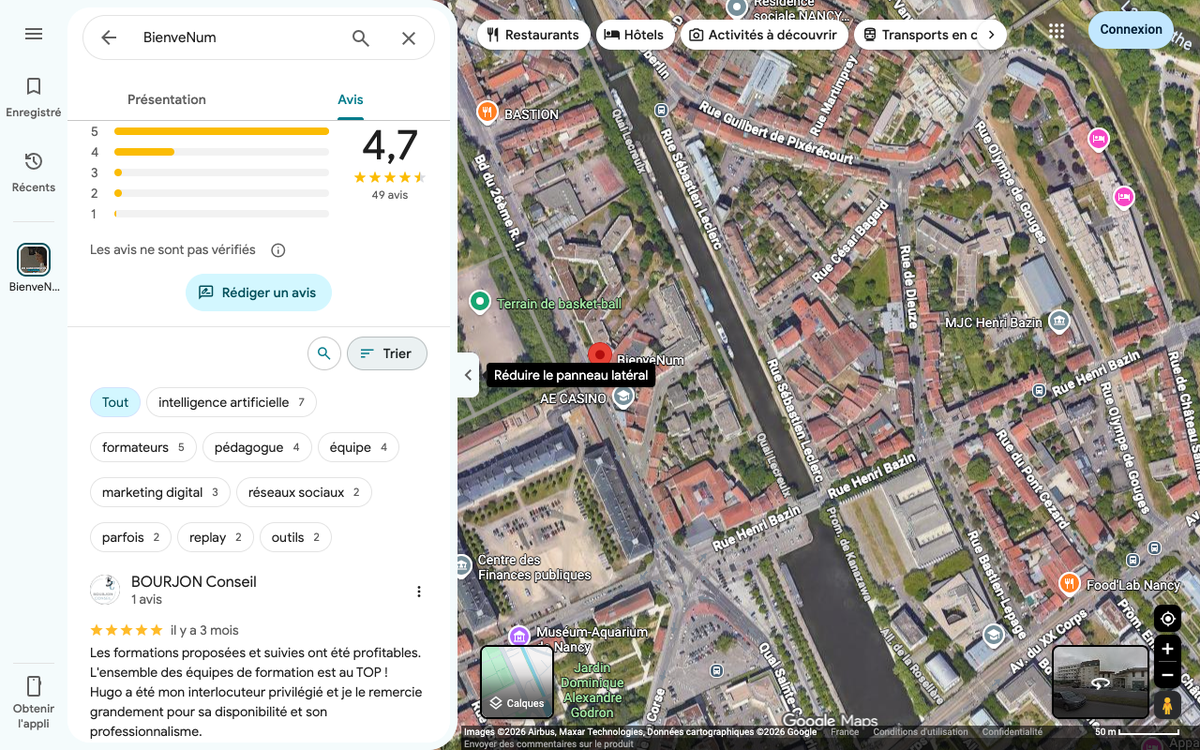 Fiche Google de BienveNum sur Google Maps : note de 4,7 sur 49 avis et premier avis client