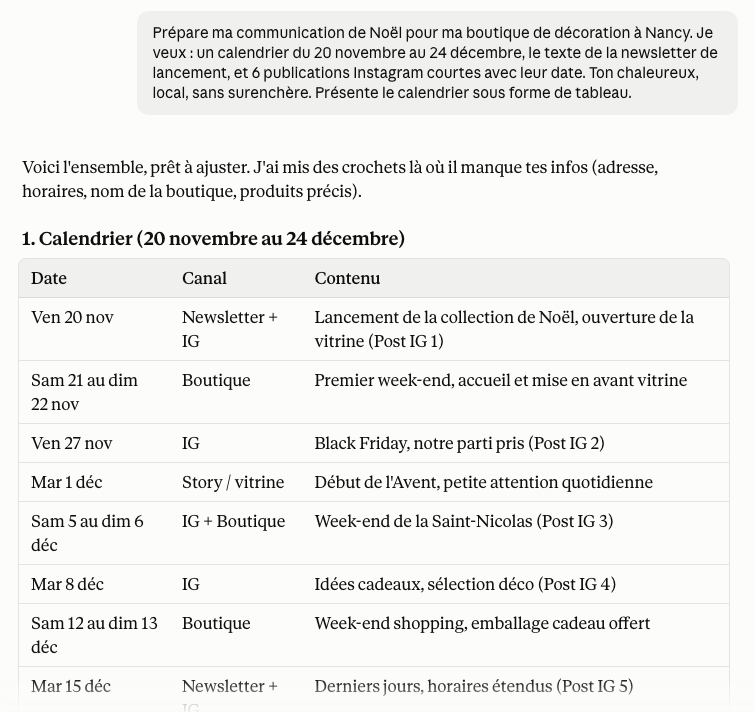 Conversation avec Claude : calendrier de communication de Noël pour une boutique de décoration à Nancy