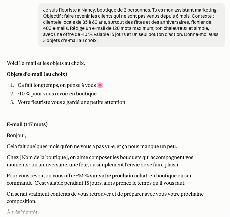 Conversation avec Claude : e-mail de relance rédigé pour une fleuriste de Nancy