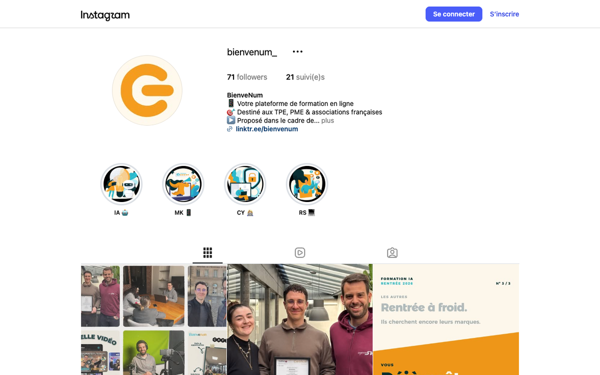 Profil Instagram de BienveNum avec sa biographie, ses stories à la une et ses premières publications