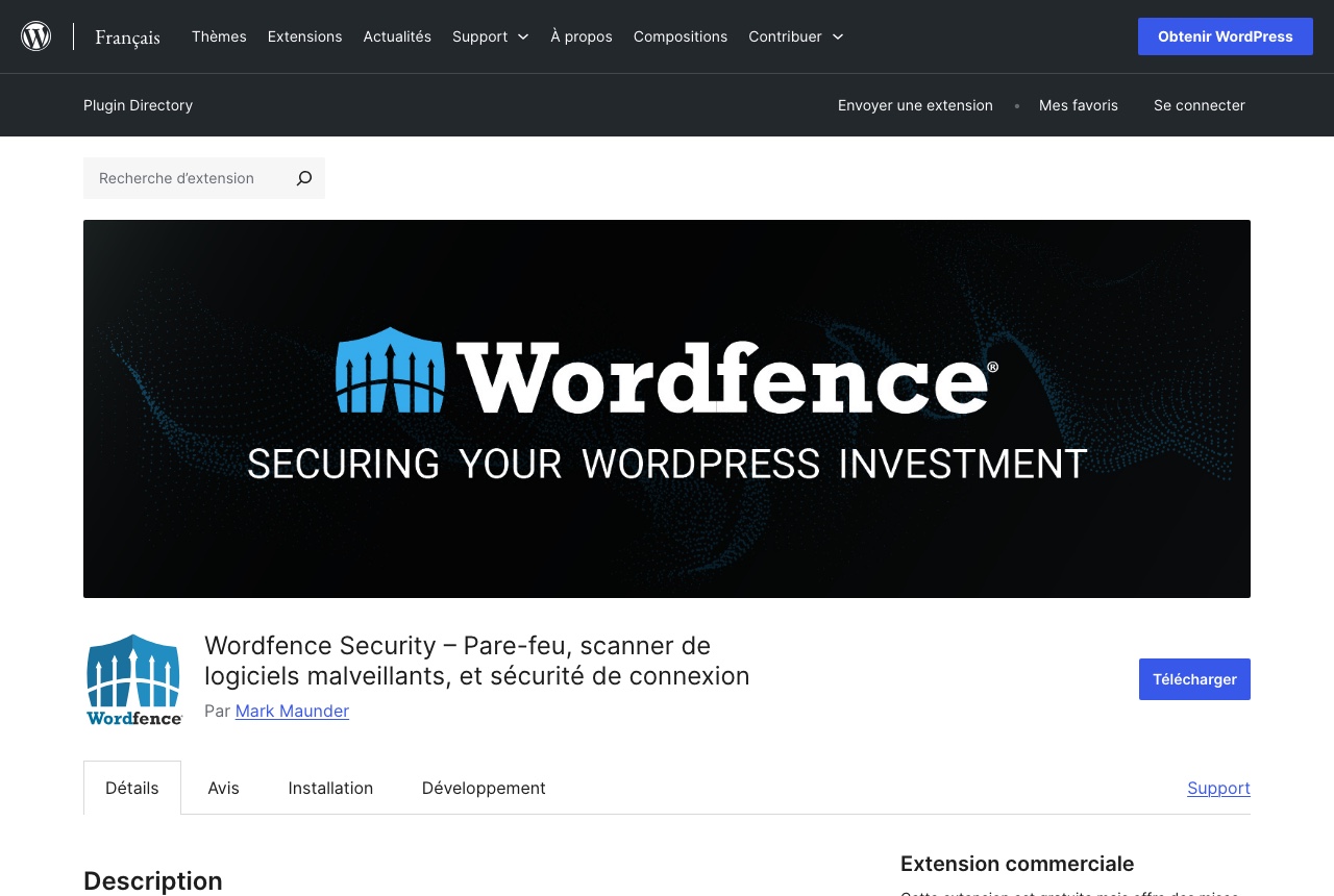 Fiche du plugin de sécurité Wordfence sur le répertoire officiel des extensions WordPress