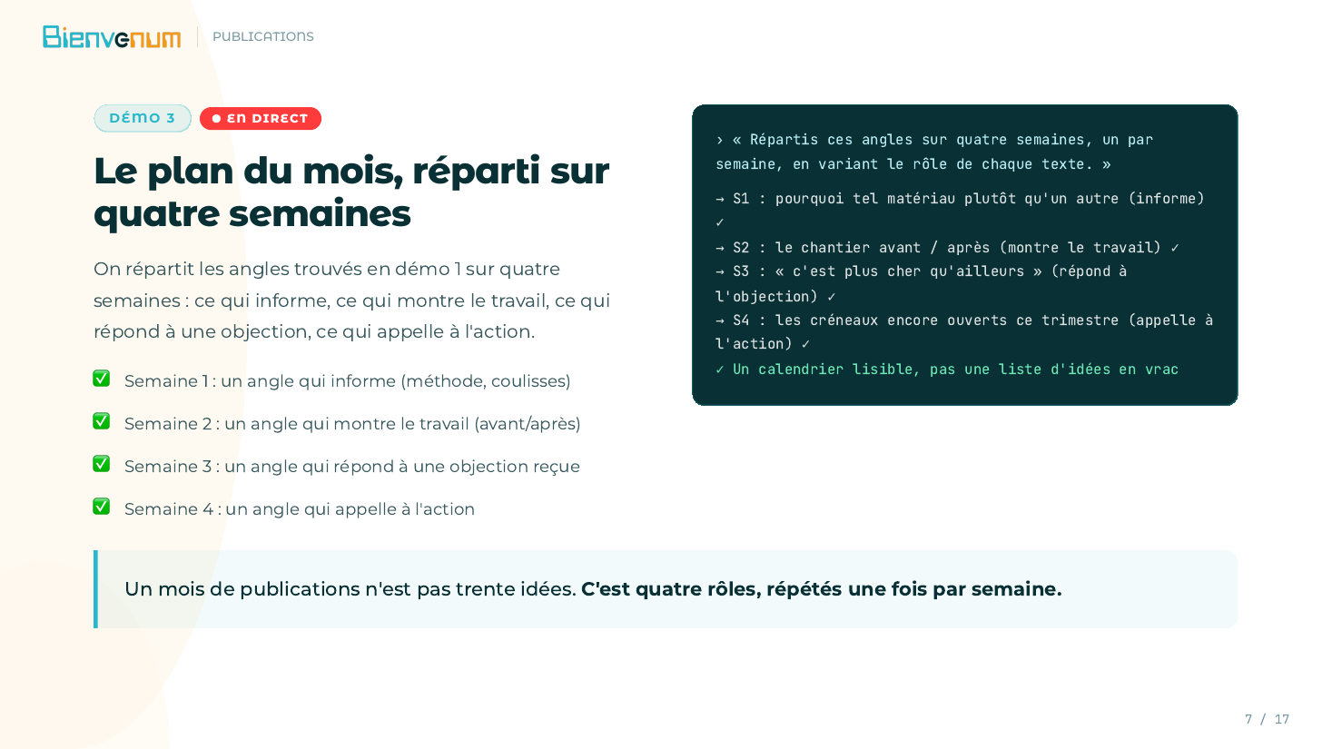 Capture du live : répartition des angles sur quatre semaines, un rôle par semaine