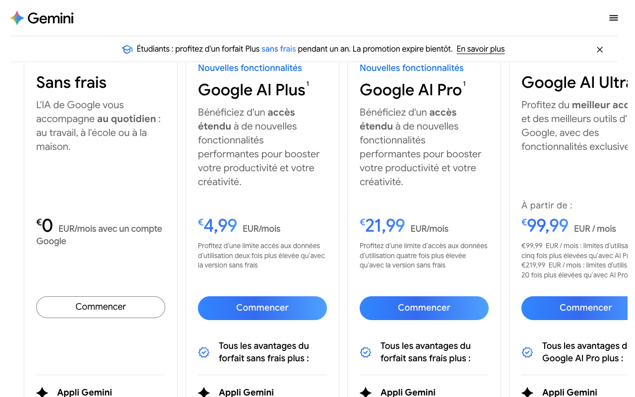Page des abonnements Gemini en France avec les offres sans frais, Google AI Plus et Google AI Pro