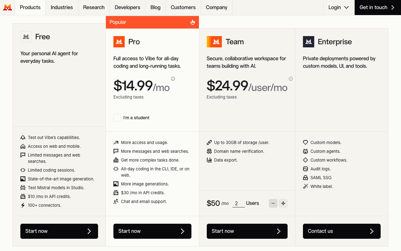 Page de tarifs de Mistral AI avec les offres Free, Pro, Team et Enterprise de Vibe