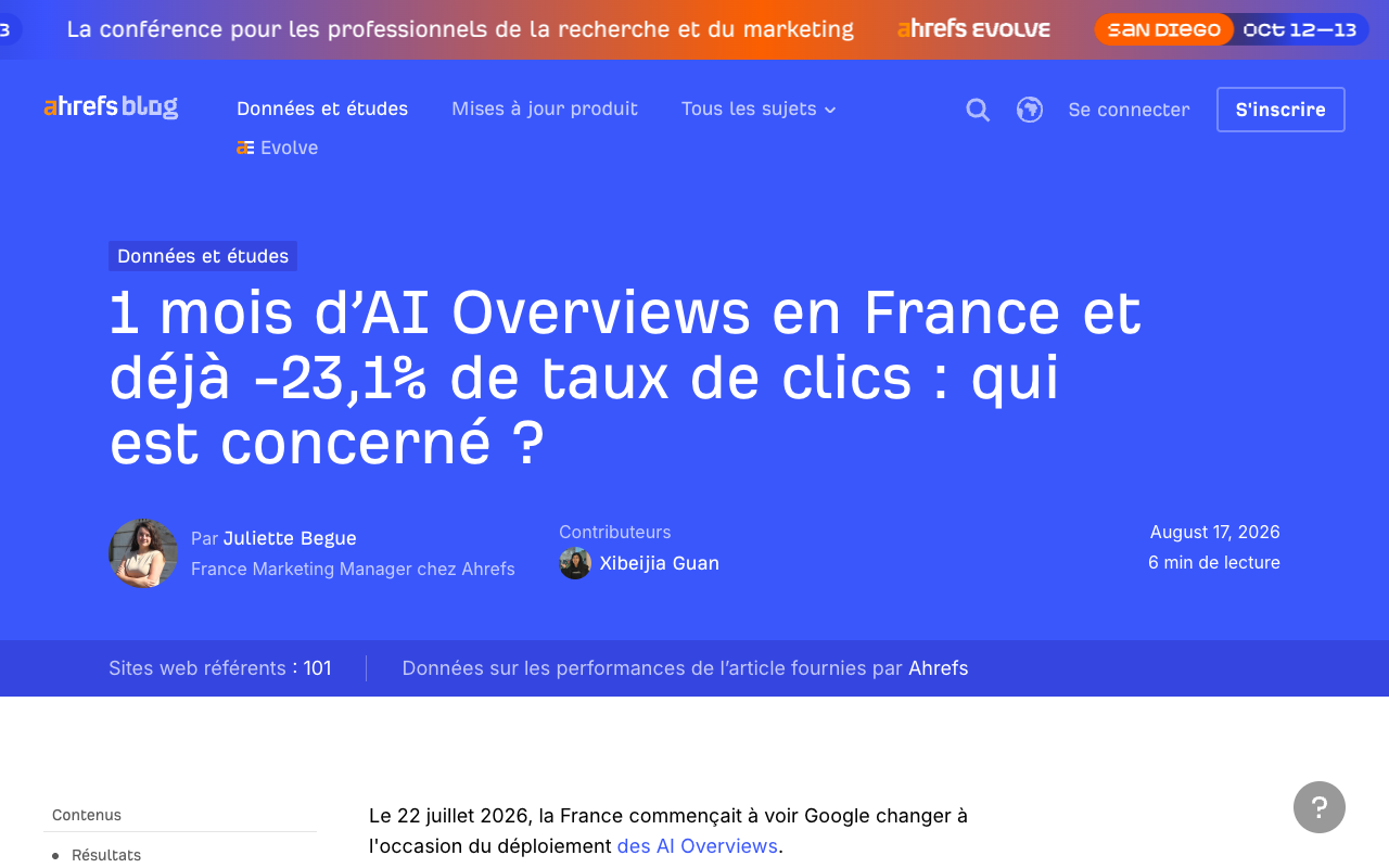 Capture d'écran de l'étude Ahrefs sur la baisse du taux de clic liée aux AI Overviews en France