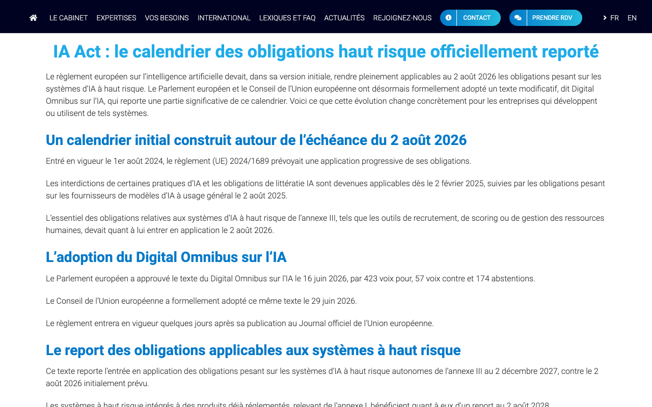 Capture d'écran de l'analyse juridique sur le report des obligations haut risque de l'AI Act