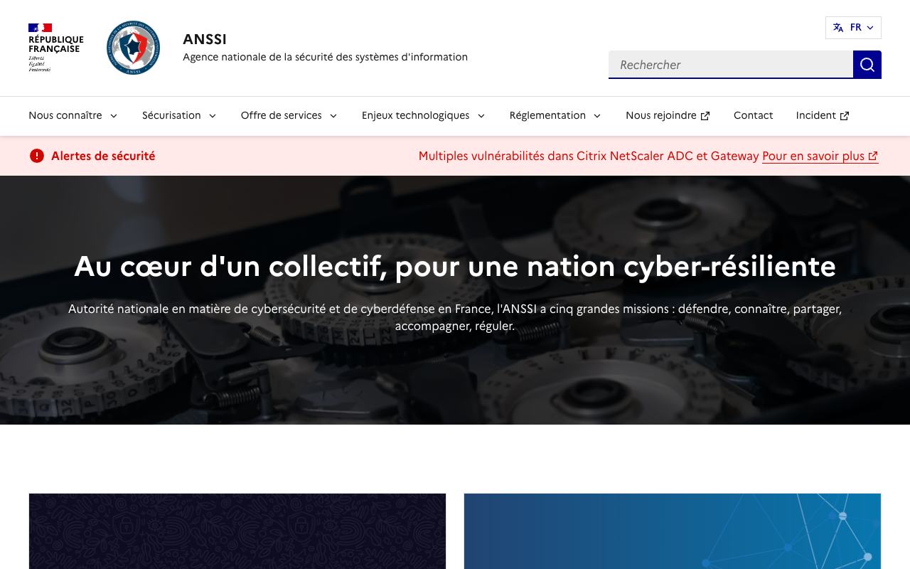 Capture d'écran de la page d'accueil de l'ANSSI, autorité nationale de cybersécurité