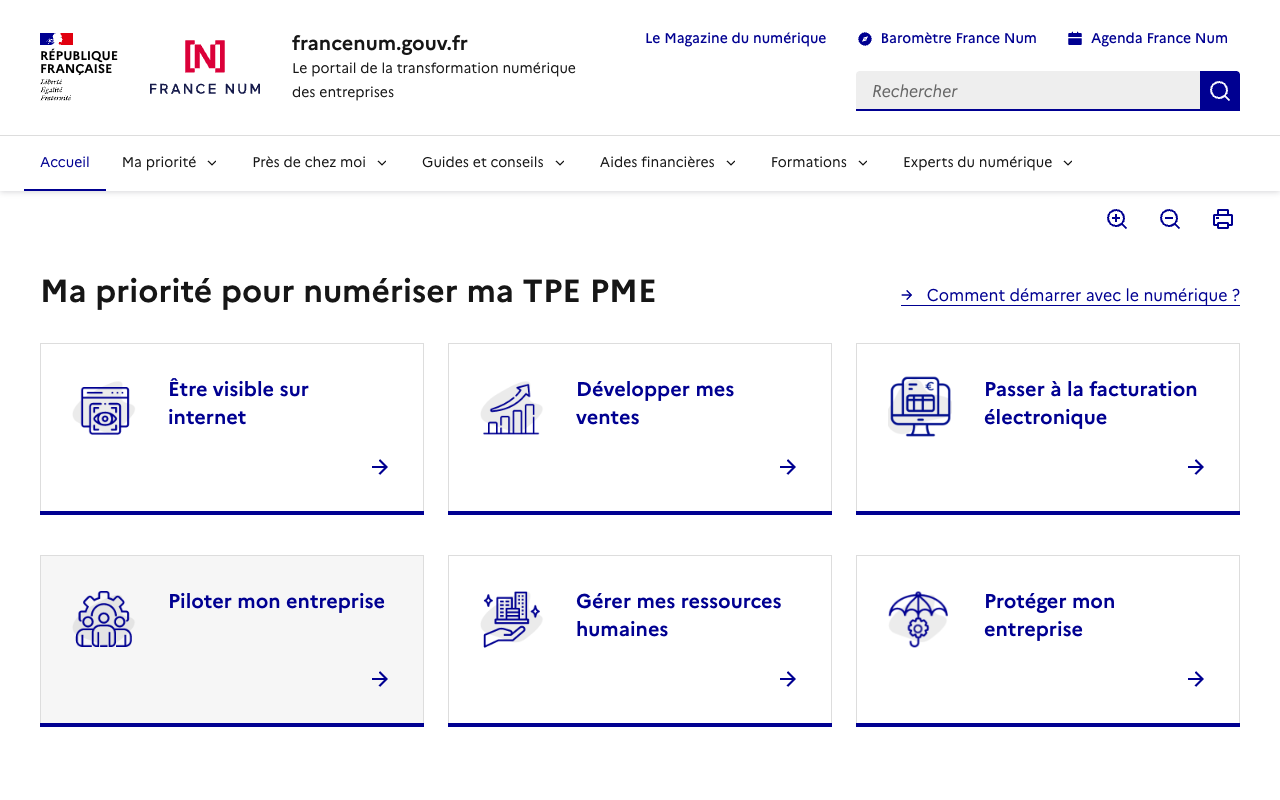 Capture d'écran du portail France Num et de son parcours Ma priorité pour numériser ma TPE PME