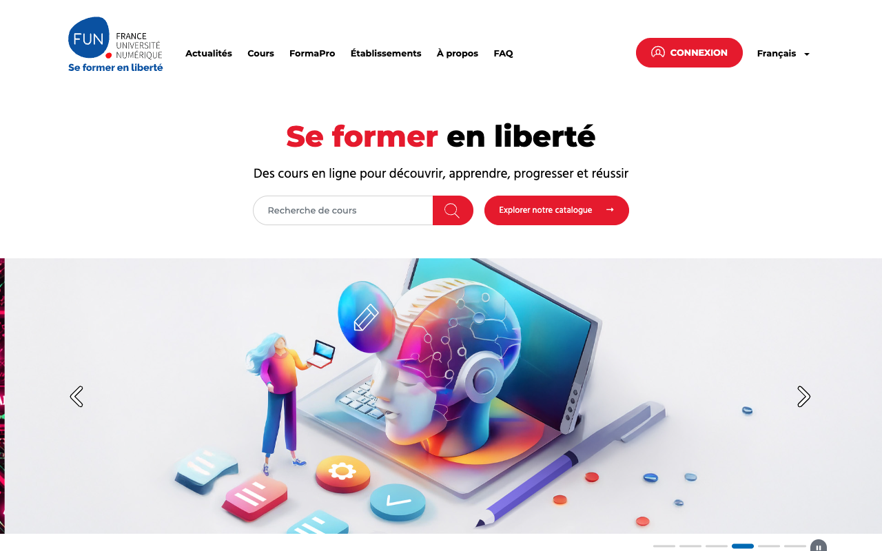 Page d'accueil de FUN MOOC, cours en ligne de France Université Numérique