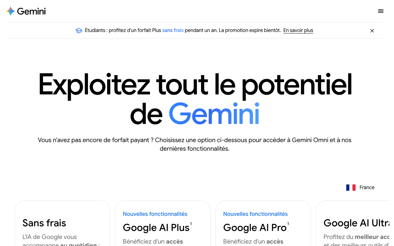 Capture d'écran de la page des forfaits Google AI avec Gemini en France