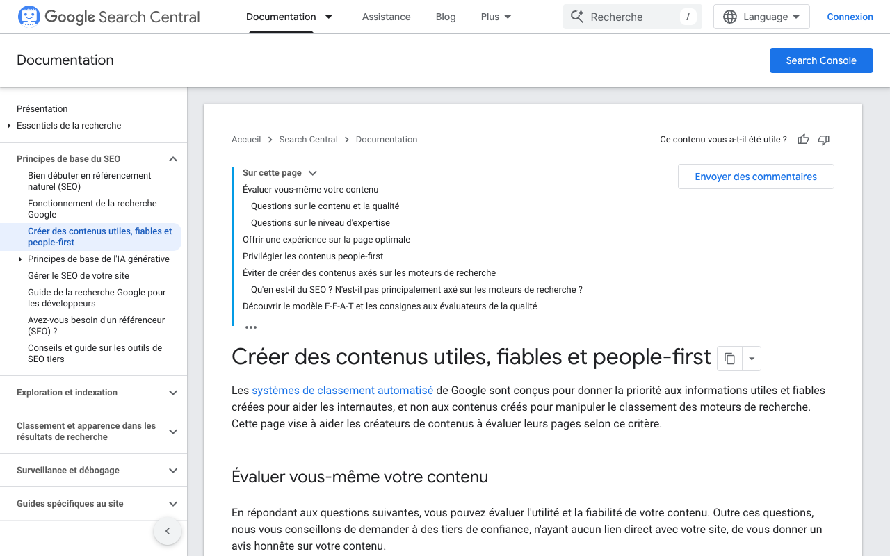 Capture d'écran de la documentation Google pour créer des contenus utiles, fiables et people-first