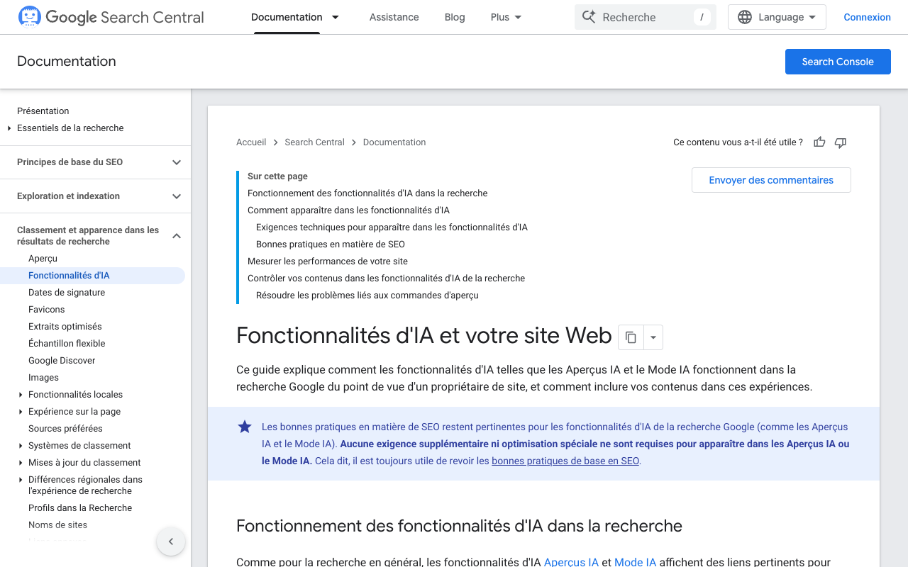 Capture d'écran de la documentation Google Search Central sur les fonctionnalités d'IA et votre site web