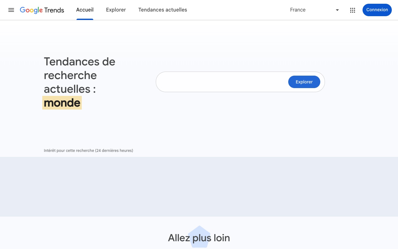 Page d'accueil de Google Trends pour la France : tendances de recherche et champ Explorer
