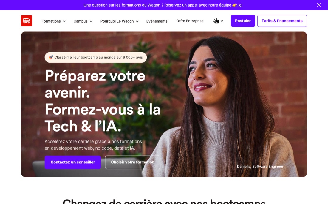 Page d'accueil du Wagon, bootcamp tech et IA