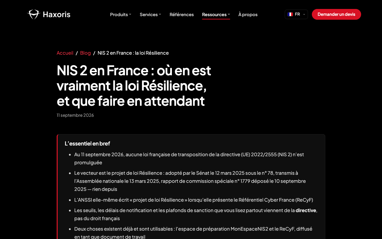 Capture d'écran de l'article Haxoris sur la loi Résilience et la directive NIS2