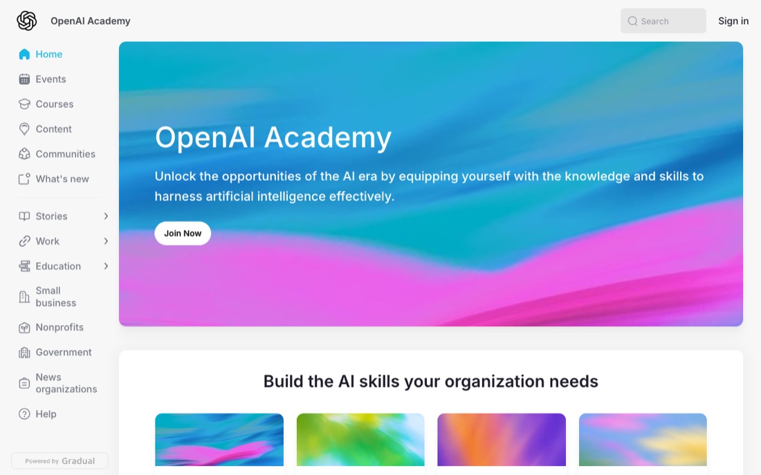 Page d'accueil d'OpenAI Academy, la plateforme gratuite d'OpenAI