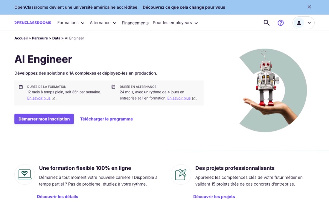 Page du parcours AI Engineer d'OpenClassrooms